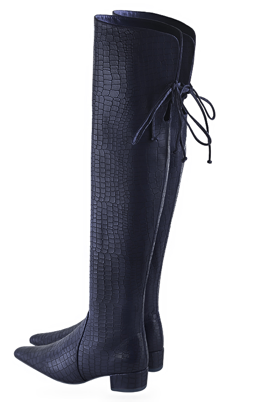 Navy blue women's leather thigh-high boots. Tapered toe. Low block heels. Made to measure. Rear view - Florence KOOIJMAN